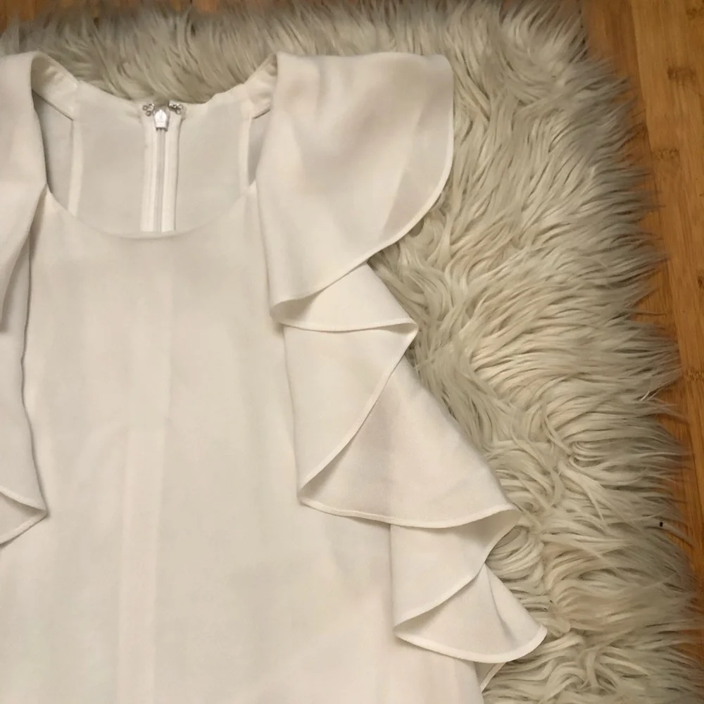 BCBG MAXAZRIA Jenni Ruffle Shoulder Racerback Chiffon White Shift Dress M NWT - Picture 5 of 14
